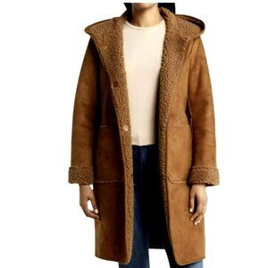 Michael Kors Womens Hooded Faux Shearling Coat Cappuccino Size L